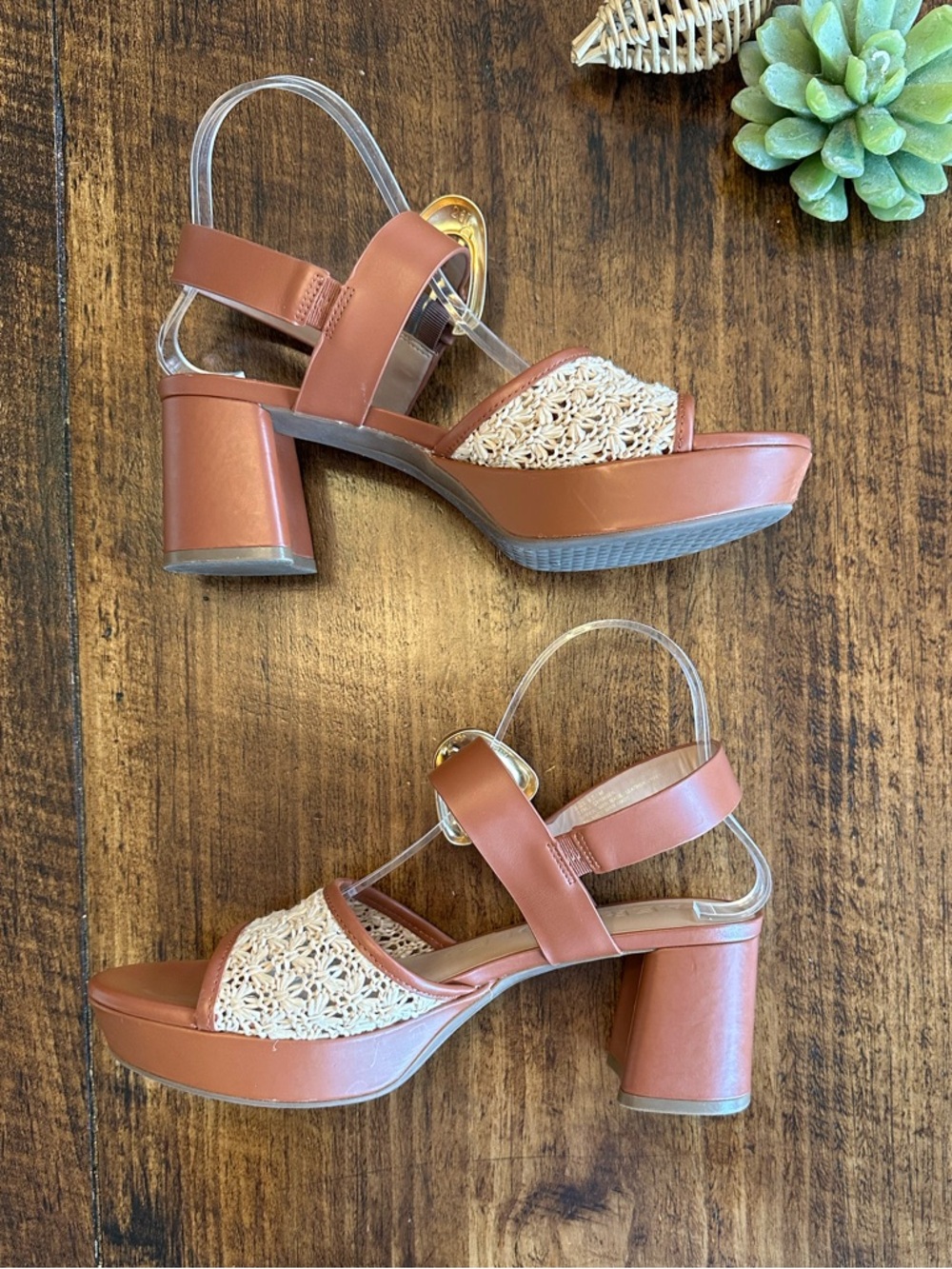 Aerosoles | Chamber Platform Block Heel Sandals | Tan Leather & Crochet, Sz. 9.5